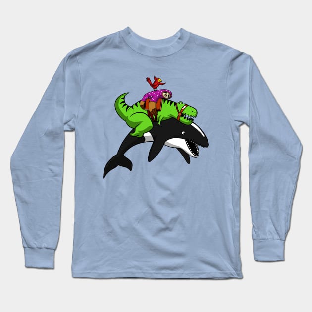 T-Rex Dinosaur Sloth Riding Orca Whale Long Sleeve T-Shirt by underheaven